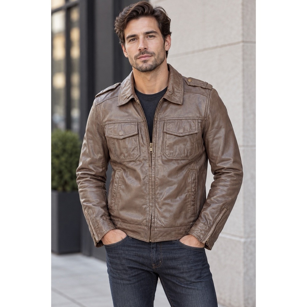 Black Rivet Men's Small Brown Genuine Leather Military Field Moto Jacket GIII
